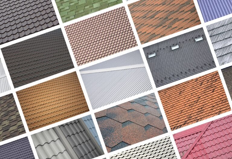 Collage grid of close-up samples showing various roofing materials including asphalt shingles, metal panels, and clay tiles in multiple colors