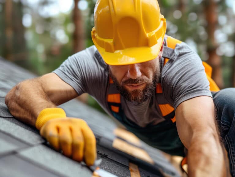 Close-up of a Roof Duck team member in a yellow hard hat and orange gloves pressing down on dark charcoal asphalt shingles