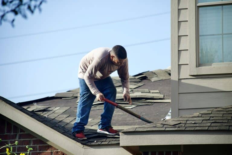 Worker using a pry bar to peel away old curling asphalt shingles during a re-roofing project