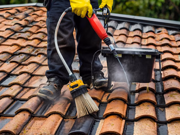 Worker in black clothing and yellow gloves using a steam cleaner and brush to clean a clay tile roof in Central PA