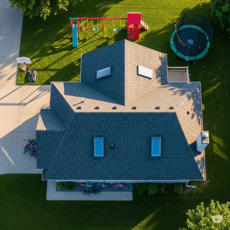 Aerial drone view of a charcoal gray shingle roof with two skylights, showing a backyard with a trampoline and swing set