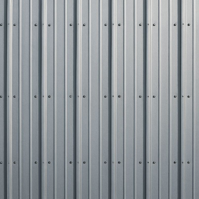 Close-up of corrugated silver metal roofing panels with evenly spaced fastener holes