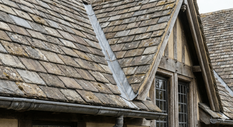Weathered stone tile roof with lead flashing at the valley and aging gutters on an old stone building