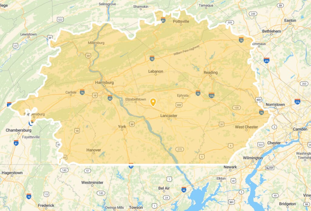 Map highlighting Roof Duck's service area across Central Pennsylvania including Lancaster, Harrisburg, York, and Lebanon