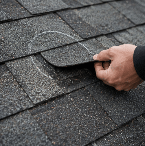 A closeup of slightly damaged asphalt shingles